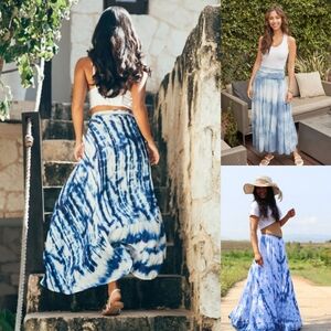 Blue and White Tie Dye Cotton Maxi Skirt